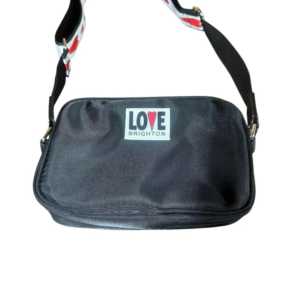 New Brighton Love Essential Black Nylon Embroidered Heart Crossbody Bag MSRP $88